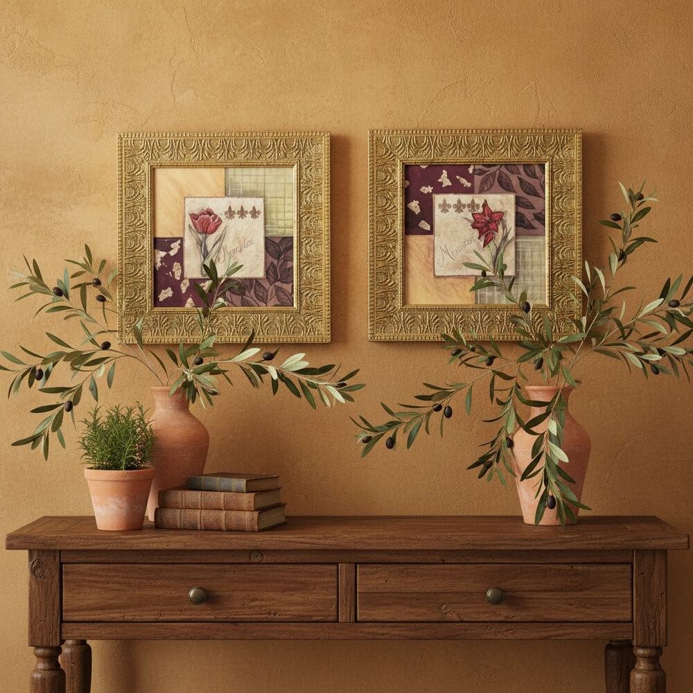 Vintage Kirkland's Floral Wall Art Set-Gold Frames-Tuscan Decor Pair-Botanical